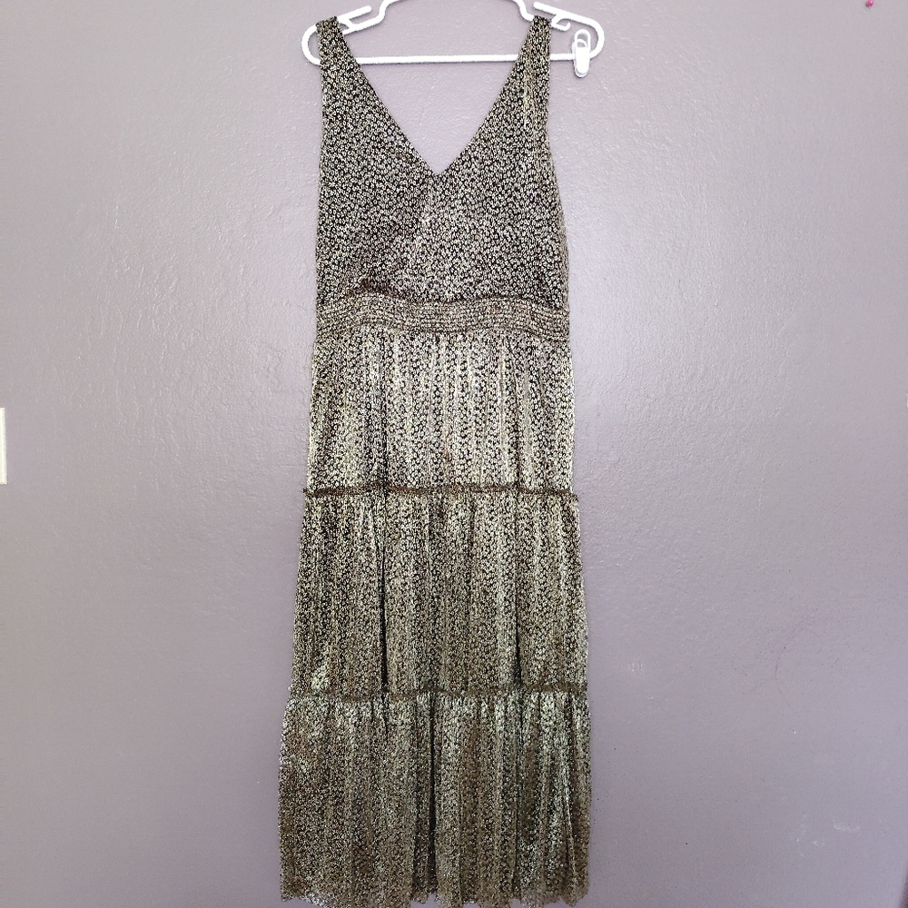 1. State Gold Metallic V Neck Midi Dress Tiered Floral Print Evening Dress Sz L
